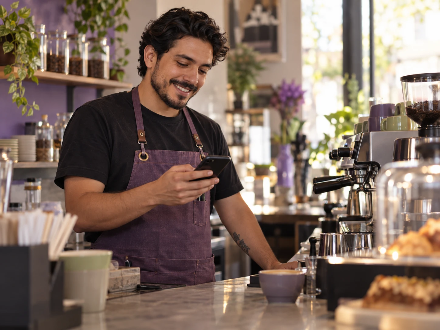 Emprendedor sonriendo mientras revisa su celular en su cafetería